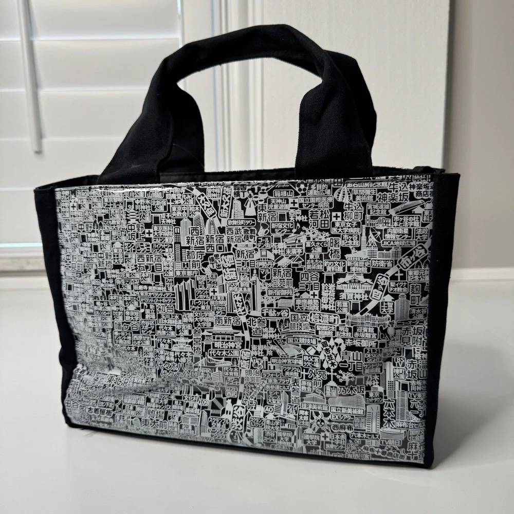 Black White Tote Bag Vinyl Tokyo Japan Map Inside Pocket